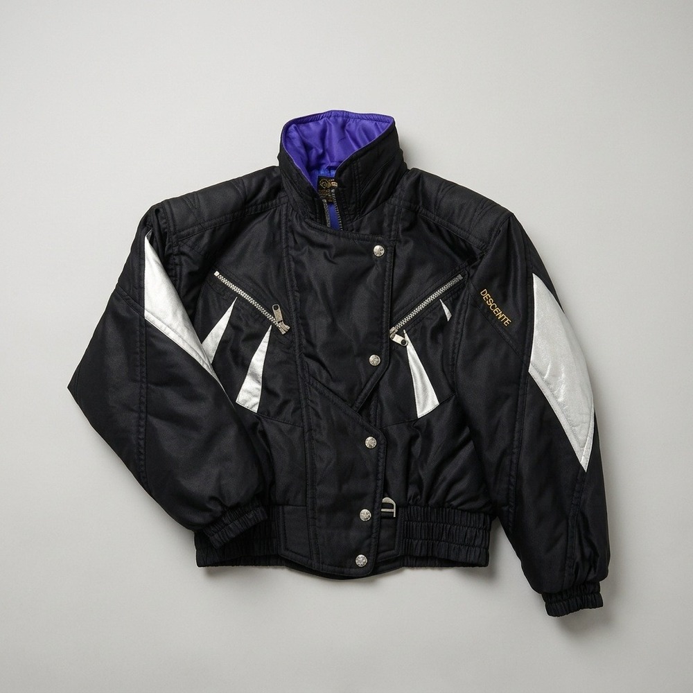 Vintage Descente Ski Jacket Womens 10 Black Silver Puffer Bomber Made In Japan